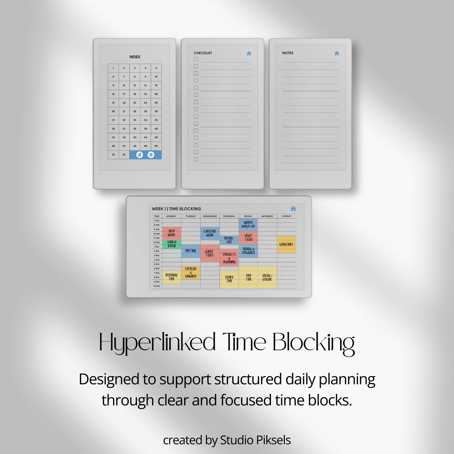 Time blocking planner landscape PDF for reMarkable Paper Pro Move with hourly weekly schedule layout.