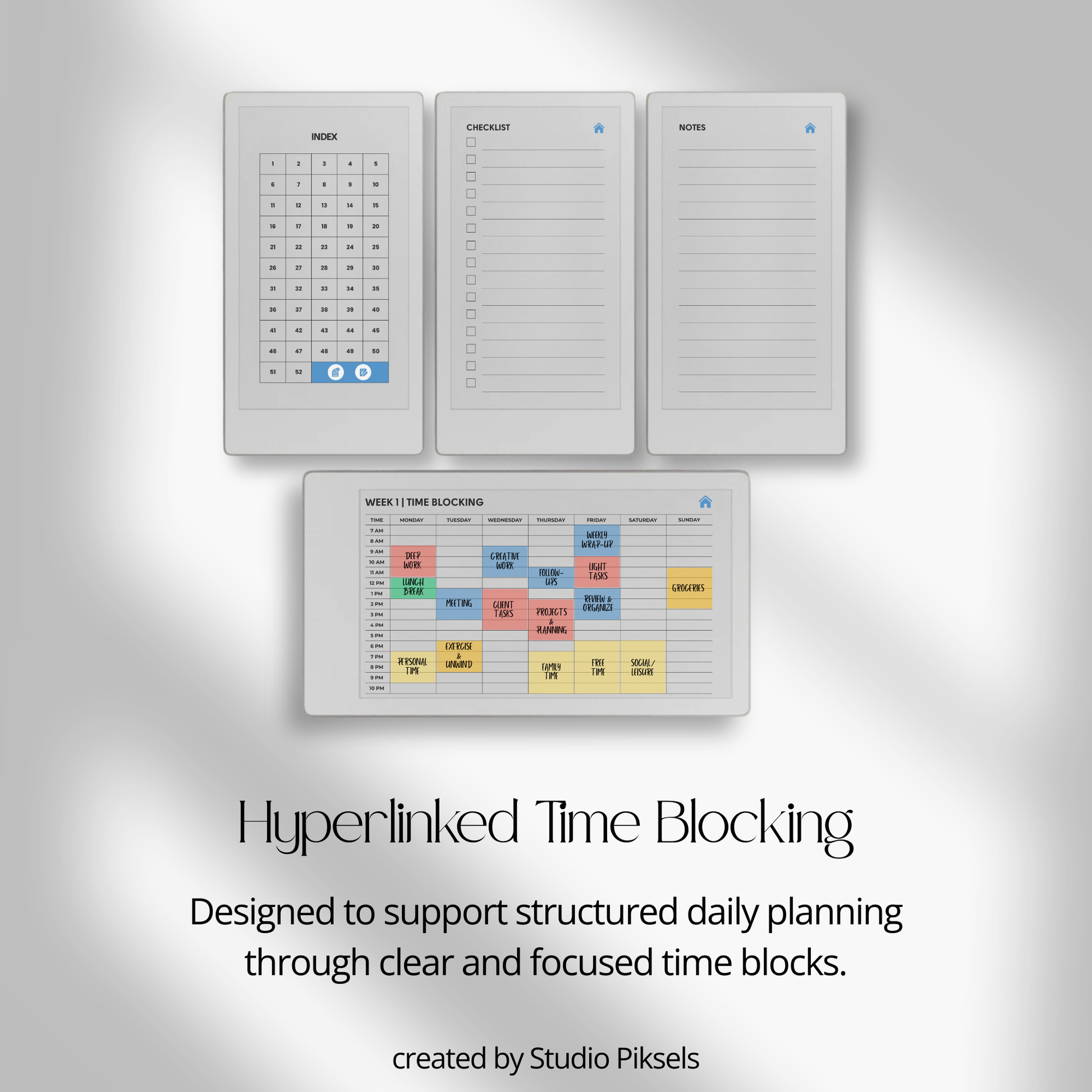 Time blocking planner landscape PDF for reMarkable Paper Pro Move with hourly weekly schedule layout.