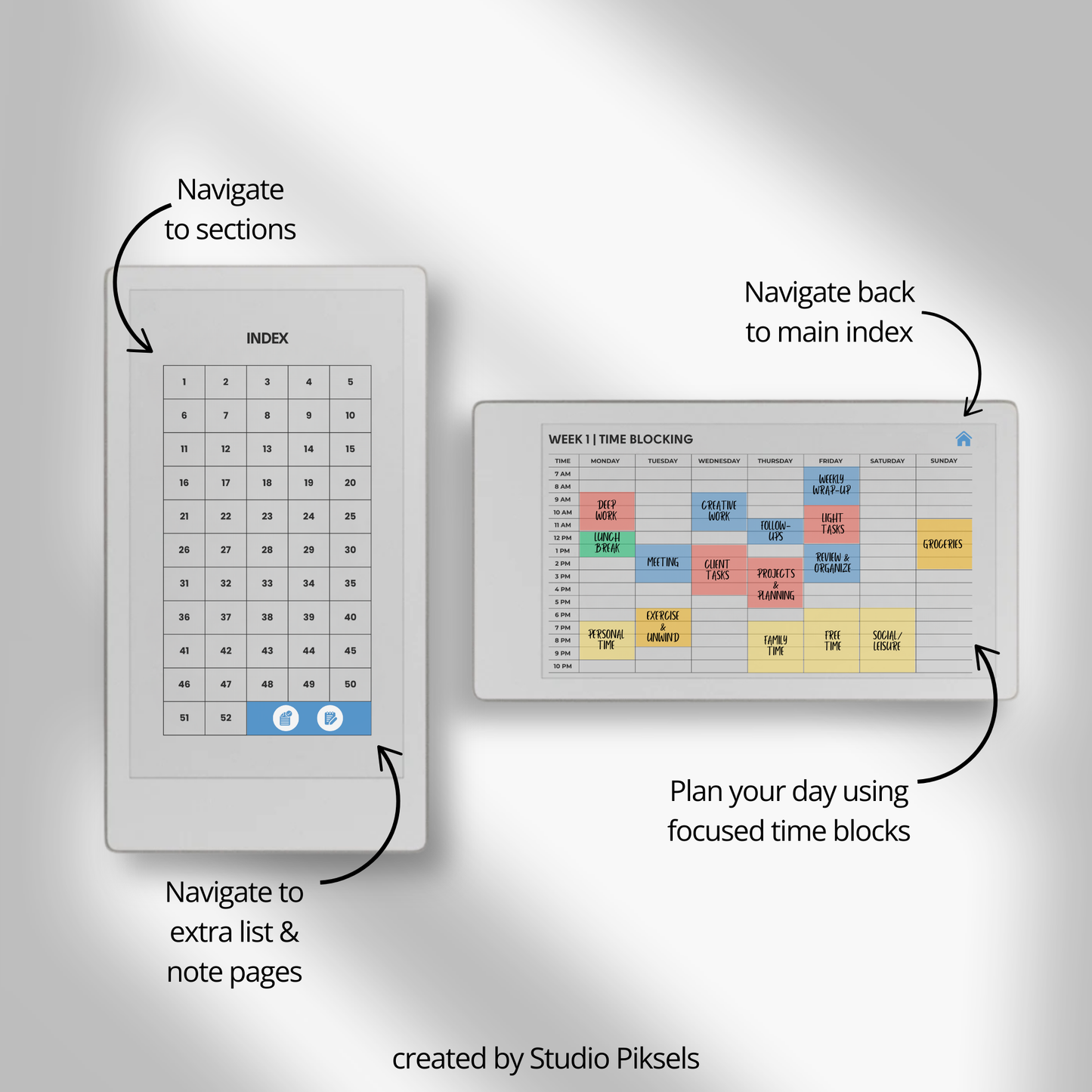 Time blocking planner landscape PDF for reMarkable Paper Pro Move with hourly weekly schedule layout.