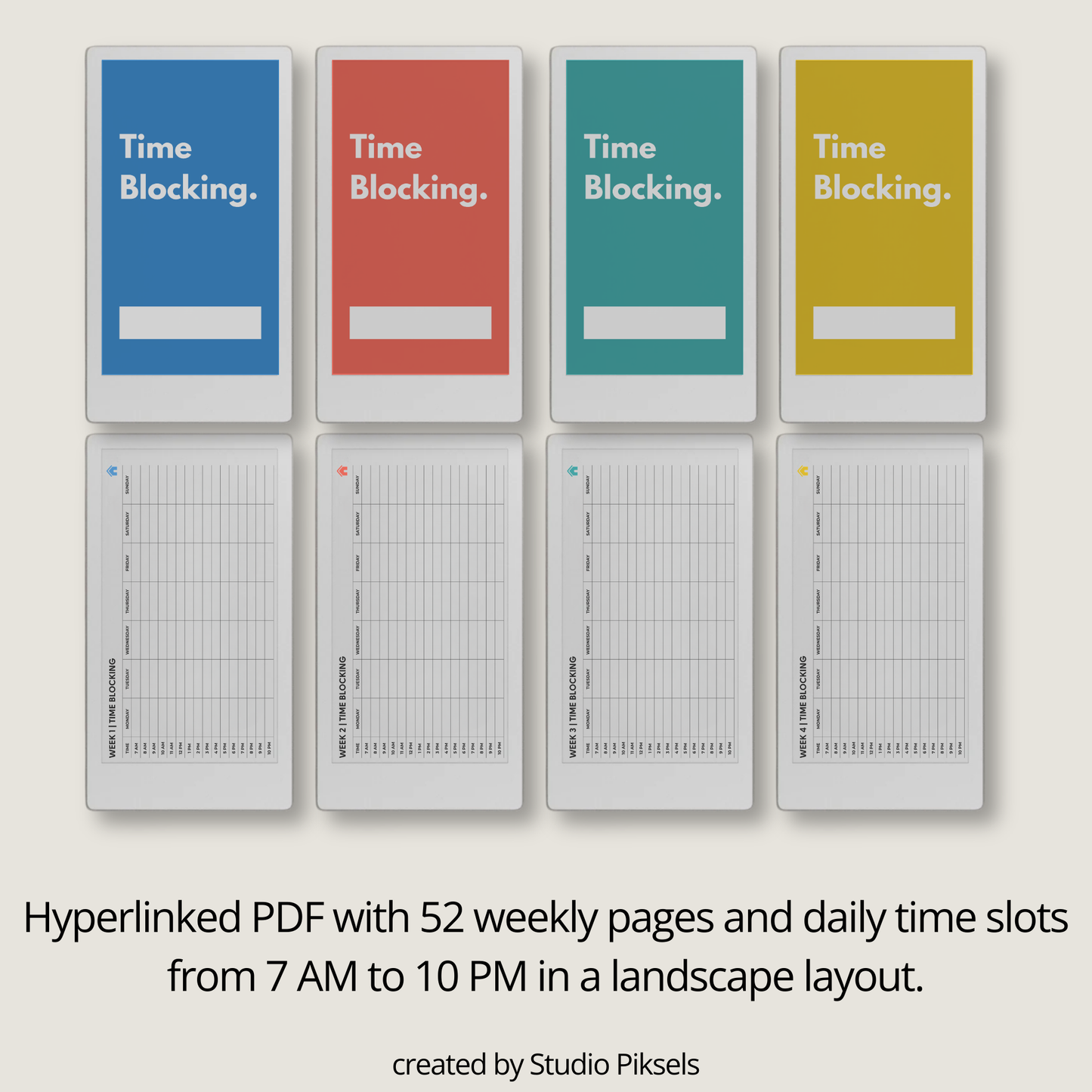 Time blocking planner landscape PDF for reMarkable Paper Pro Move with hourly weekly schedule layout.