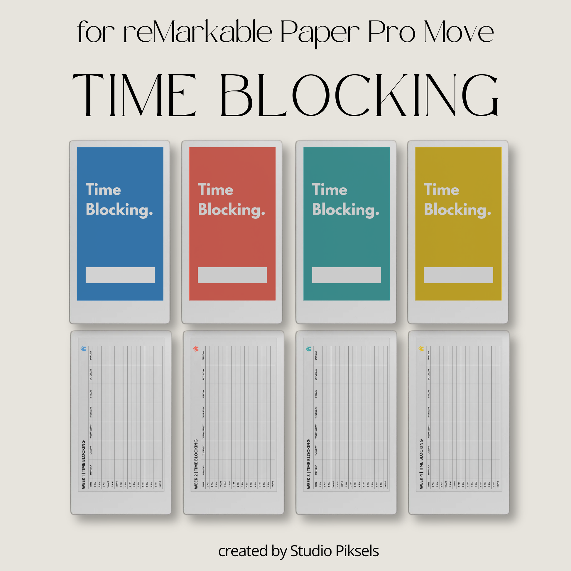 Time blocking planner landscape PDF for reMarkable Paper Pro Move with hourly weekly schedule layout.