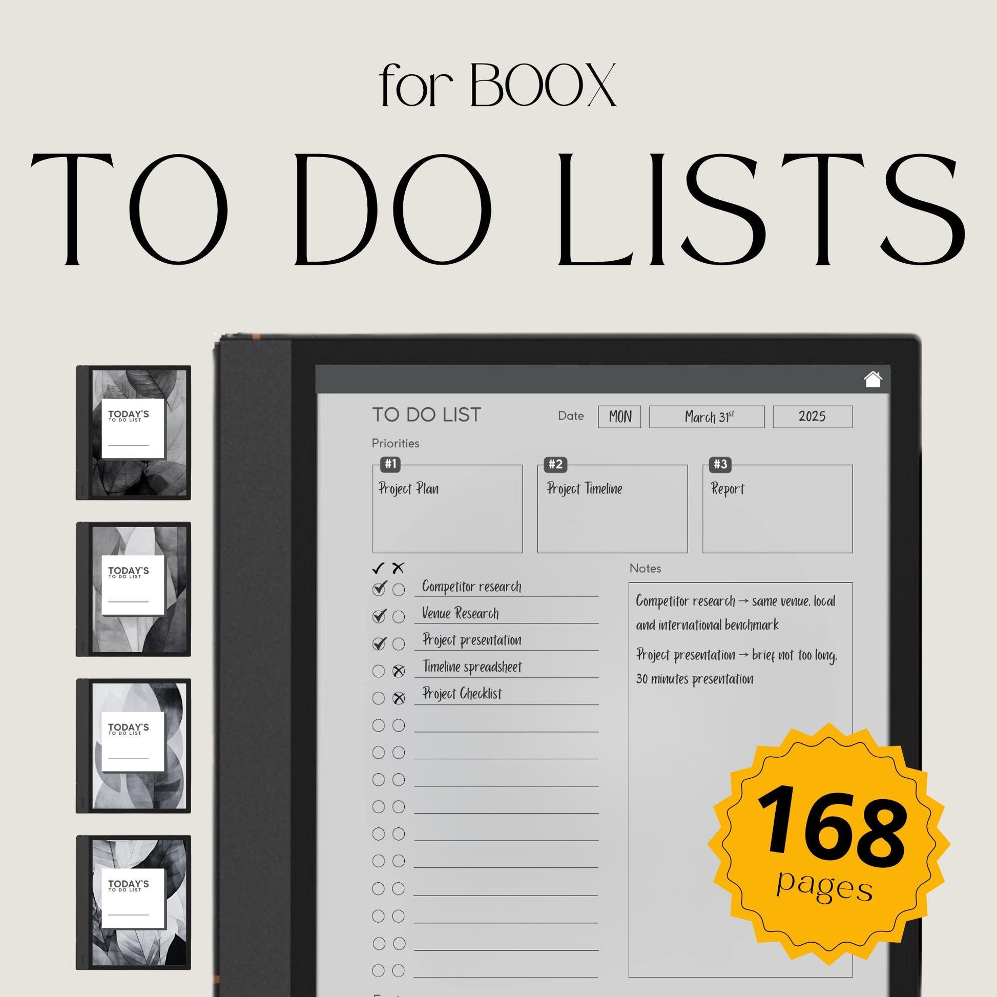 To Do List Bundle for BOOX with hyperlinked task planning pages, productivity layouts, and monochrome digital notebook designs.