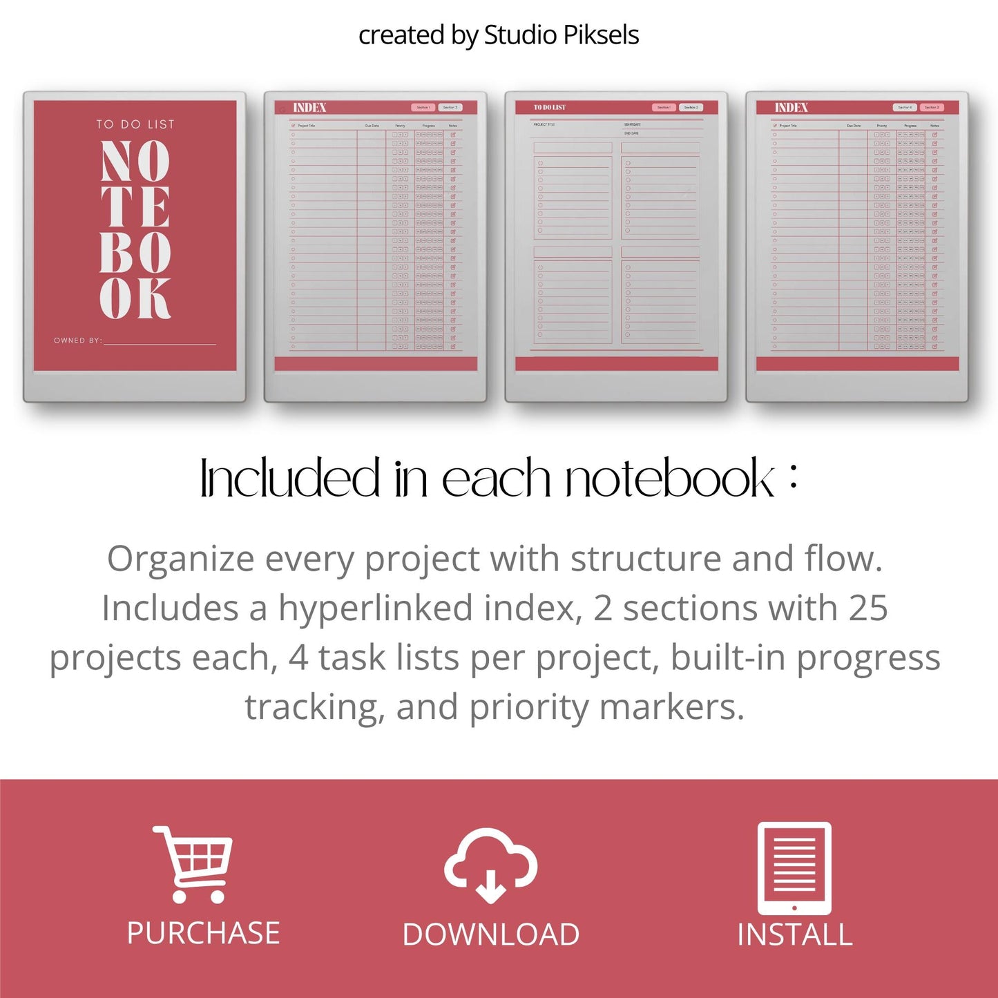 To do list notebook for reMarkable Paper Pro with hyperlinked project sections.