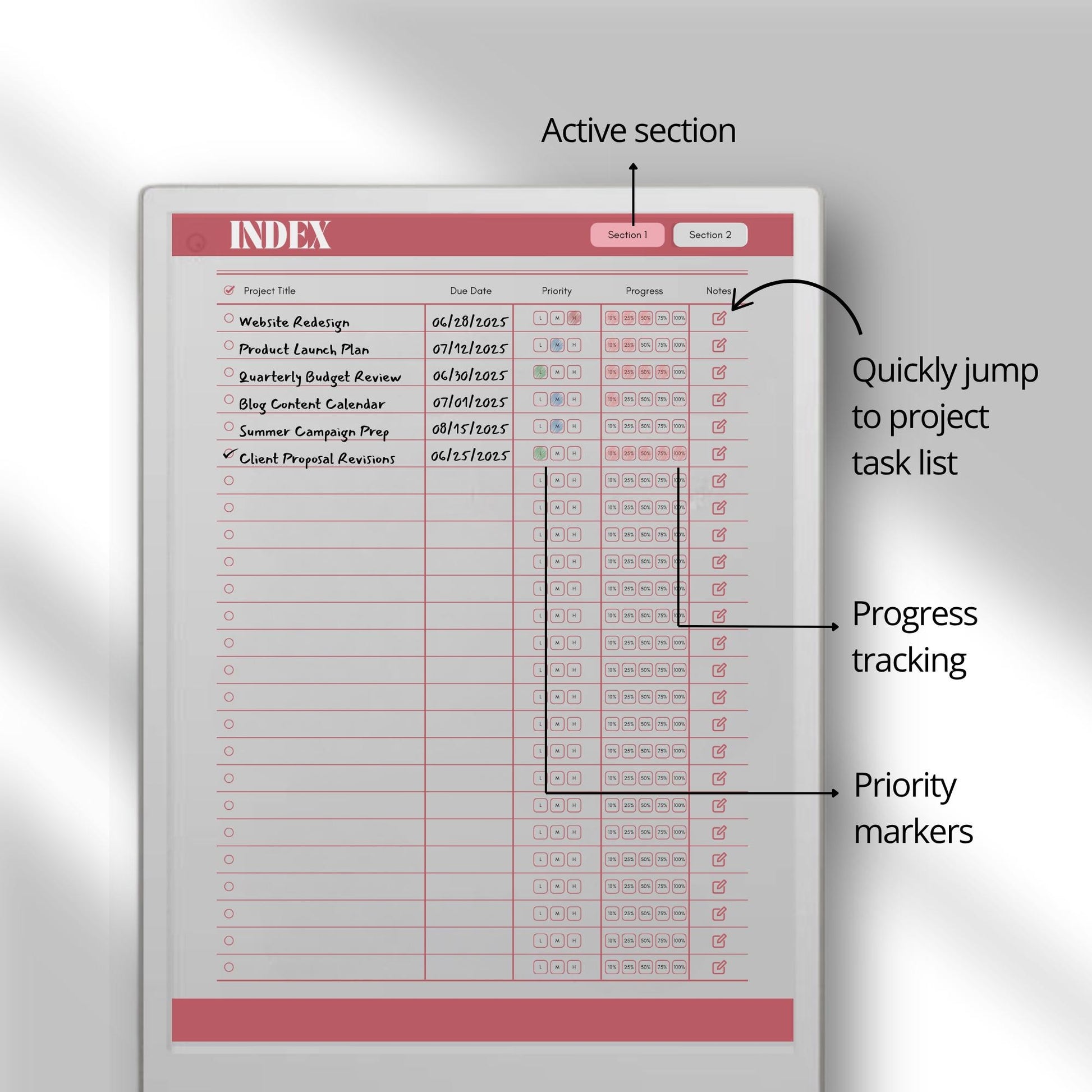 To do list notebook for reMarkable Paper Pro with hyperlinked project sections.