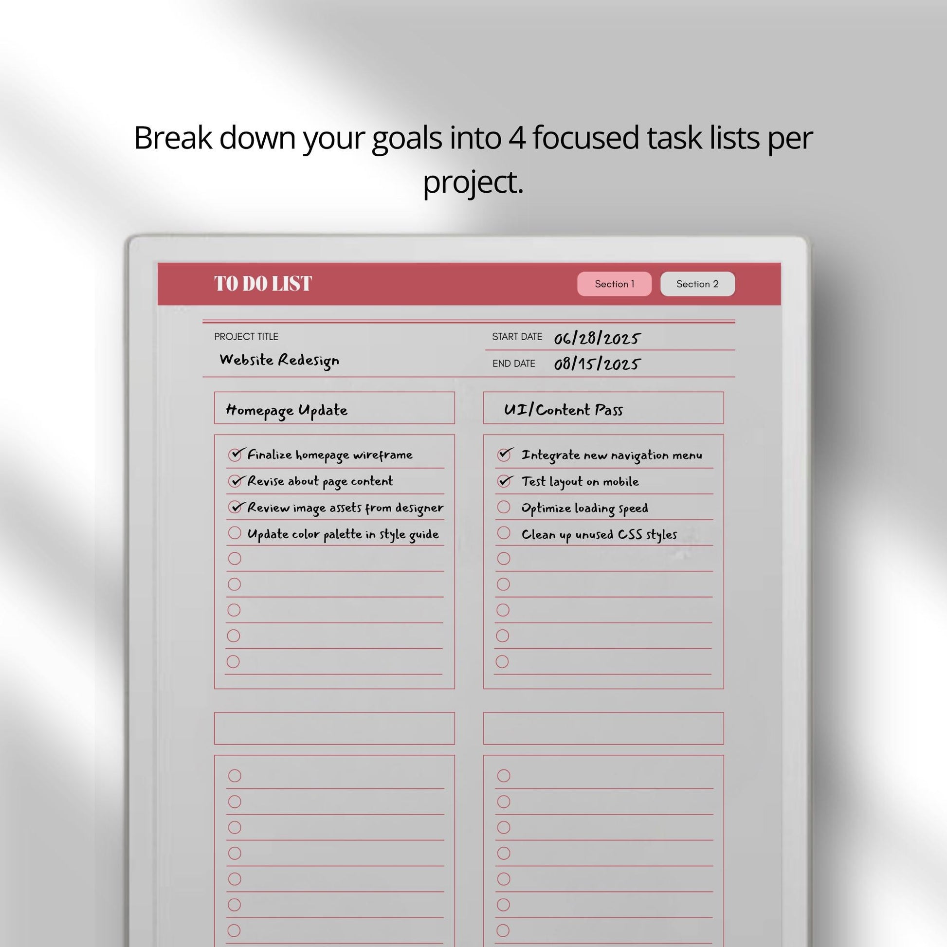 To do list notebook for reMarkable Paper Pro with hyperlinked project sections.