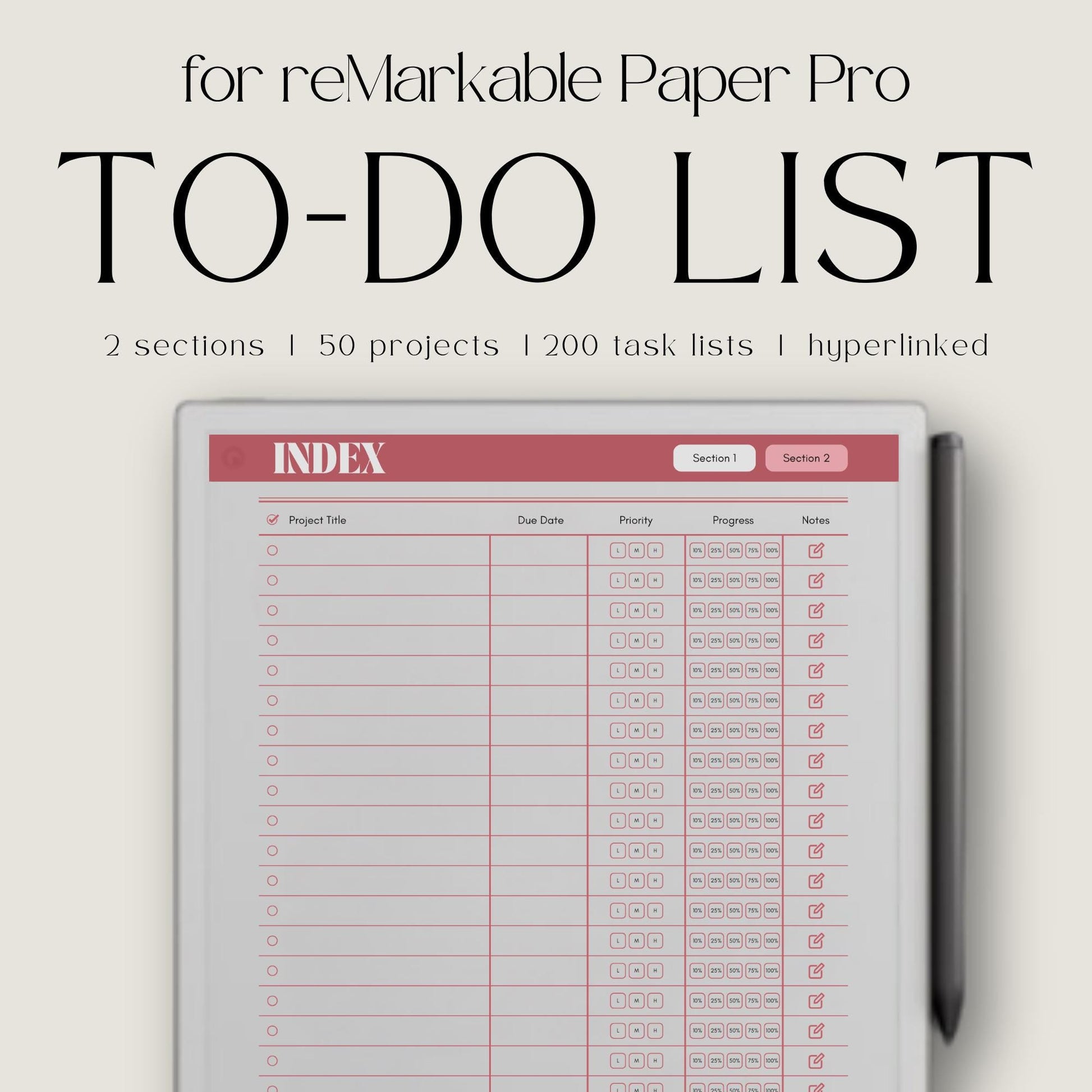 To do list notebook for reMarkable Paper Pro with hyperlinked project sections.