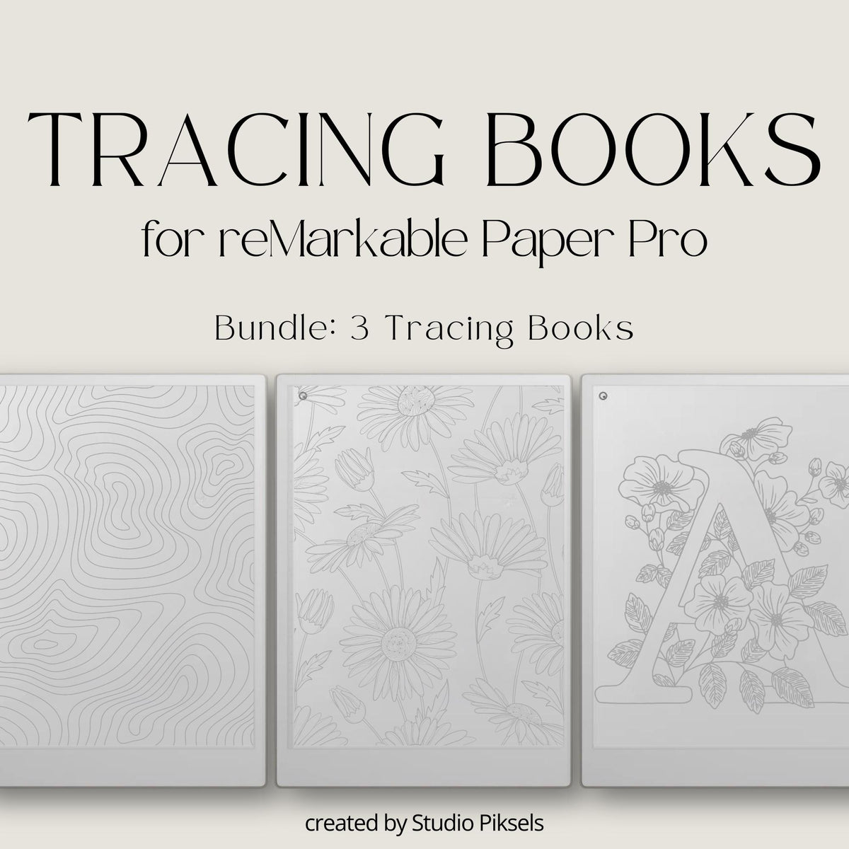 Tracing Book Bundle for reMarkable Paper Pro featuring abstract patterns, floral illustrations, and decorative alphabet tracing pages designed for mindful tracing, relaxation, and creative digital drawing on eInk devices.