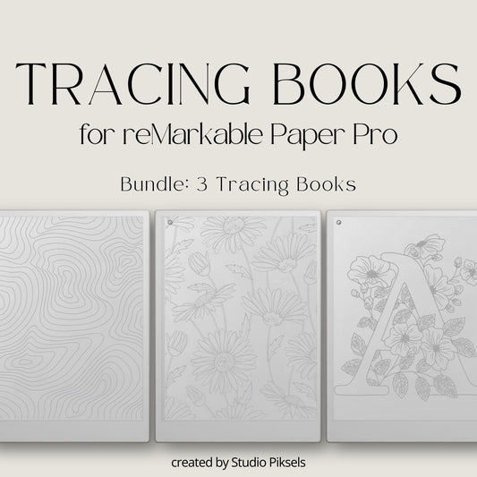 Tracing Book Bundle for reMarkable Paper Pro featuring abstract patterns, floral illustrations, and decorative alphabet tracing pages designed for mindful tracing, relaxation, and creative digital drawing on eInk devices.