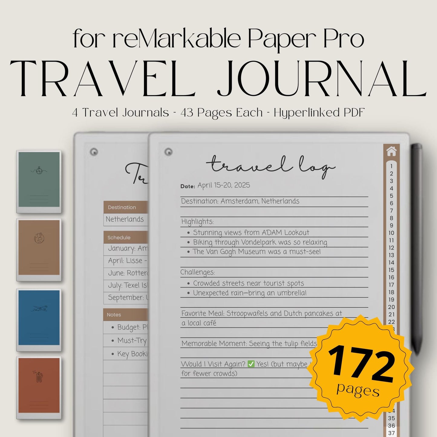 Travel journal bundle for reMarkable Paper Pro with hyperlinked digital travel planners and structured journal pages for trip planning, itineraries, daily travel logs, and travel reflections. Includes multiple journals with organized layouts for documenting experiences, tracking schedules, and preserving travel memories across different trips in a minimalist digital system.