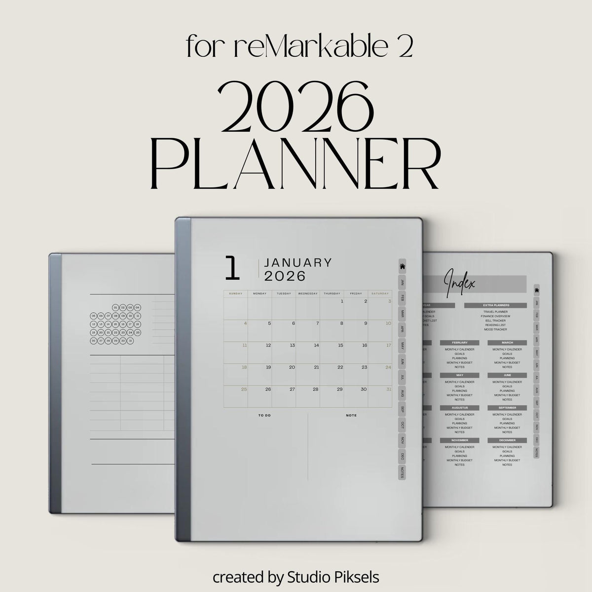 Ultimate Life Planner 2026 for reMarkable 2 and reMarkable Paper Pure featuring hyperlinked monthly planners, budgeting pages, habit trackers, and minimalist grayscale productivity layouts