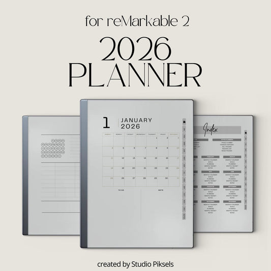 Ultimate Life Planner 2026 for reMarkable 2 and reMarkable Paper Pure featuring hyperlinked monthly planners, budgeting pages, habit trackers, and minimalist grayscale productivity layouts