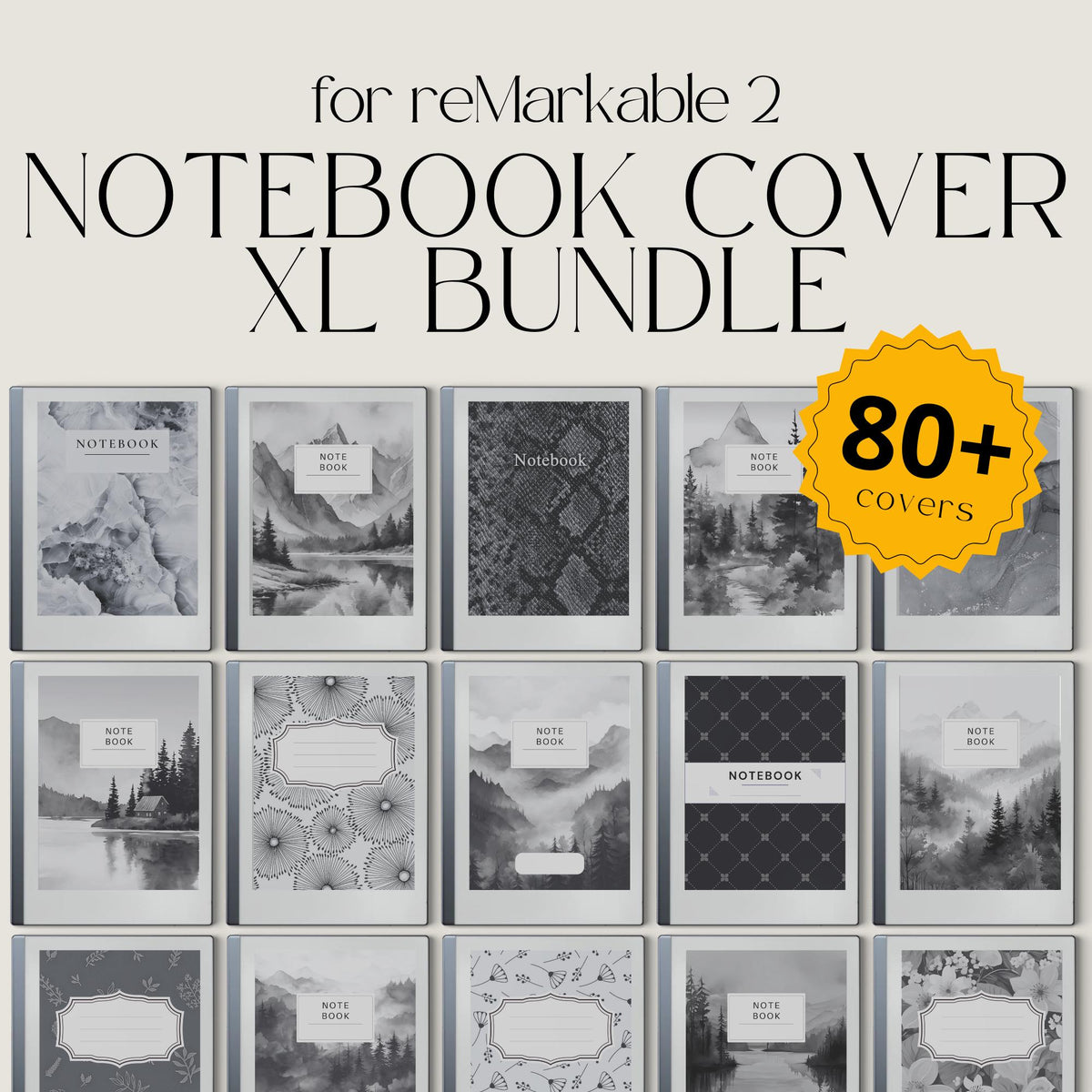 Notebook Cover Bundle for reMarkable with over 80 PDF notebook covers featuring floral, gemstone, leather, nature, and classic pattern designs