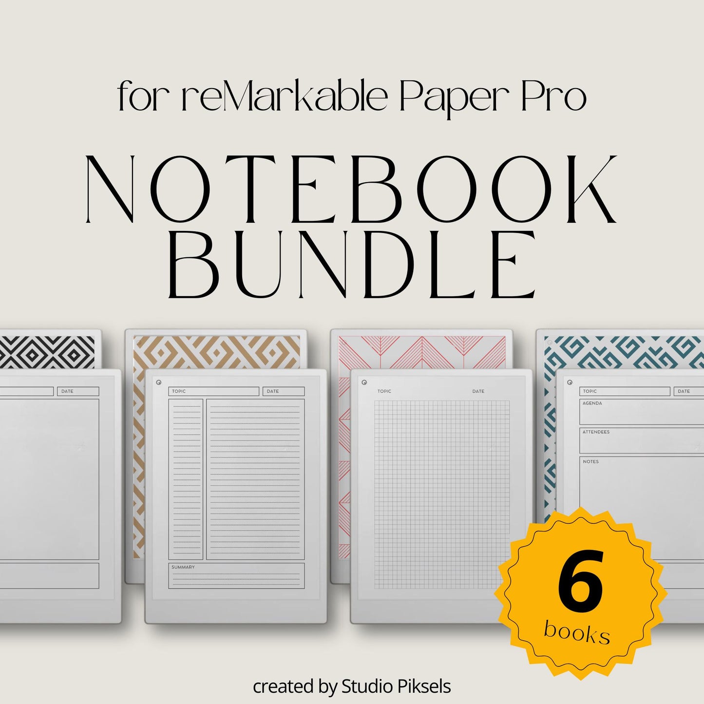 Ultimate notebooks for reMarkable Paper Pro with geometric covers and multiple layouts.