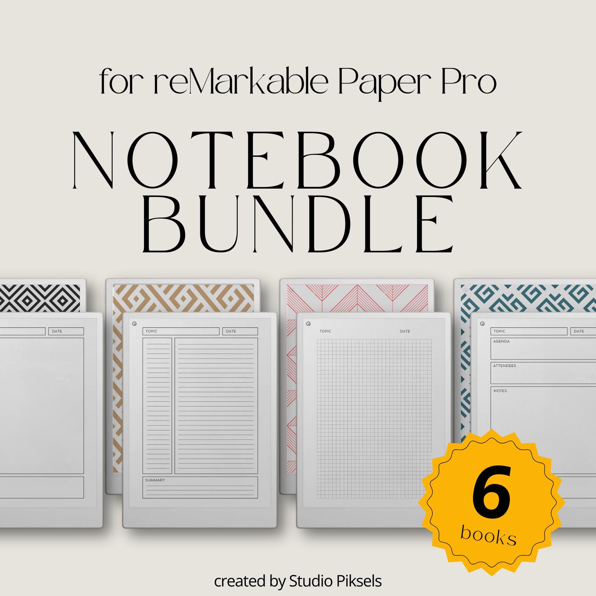 Ultimate notebooks for reMarkable Paper Pro with geometric covers and multiple layouts.