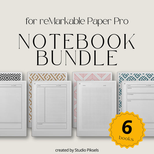 Ultimate notebooks for reMarkable Paper Pro with geometric covers and multiple layouts.