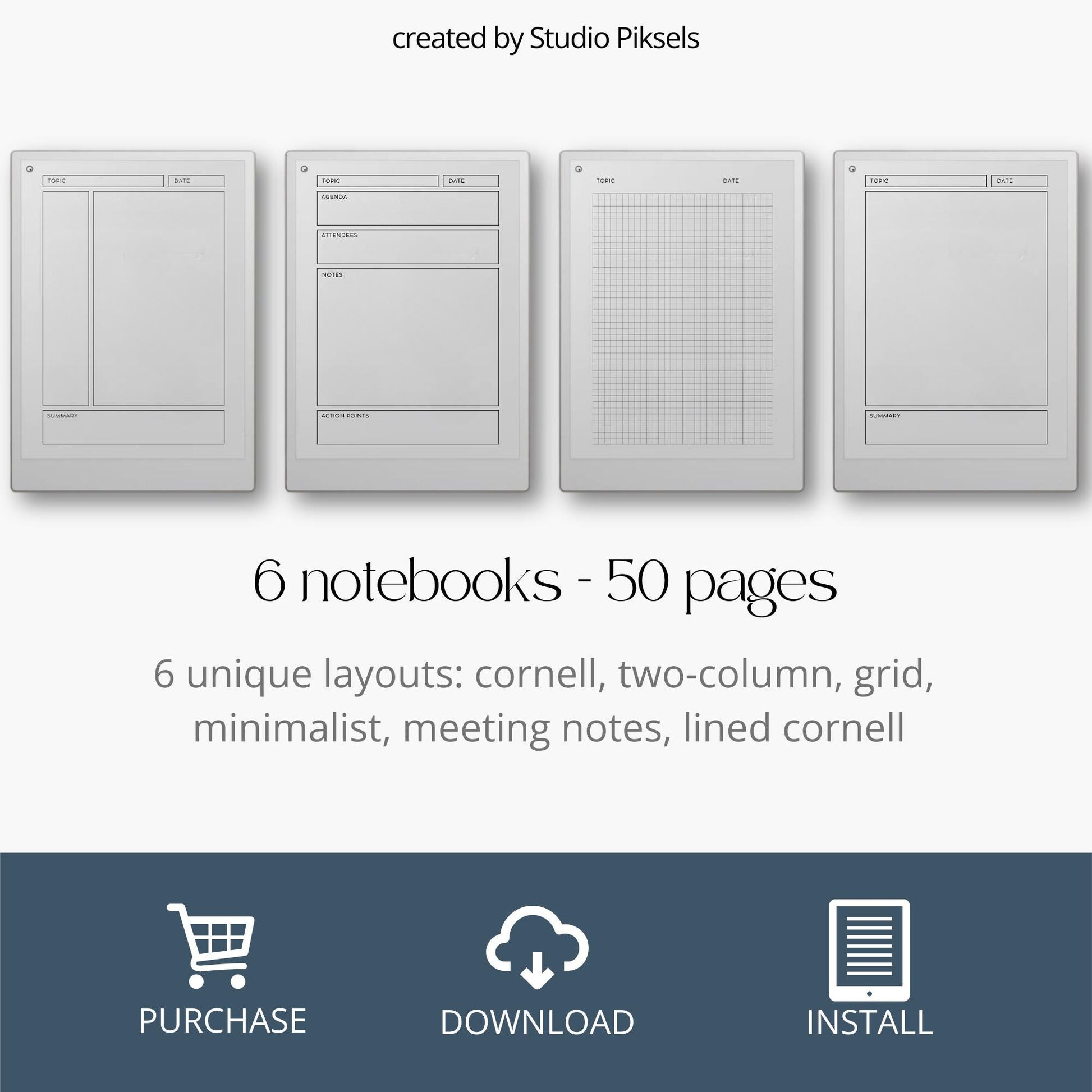 Ultimate notebooks for reMarkable Paper Pro with geometric covers and multiple layouts.