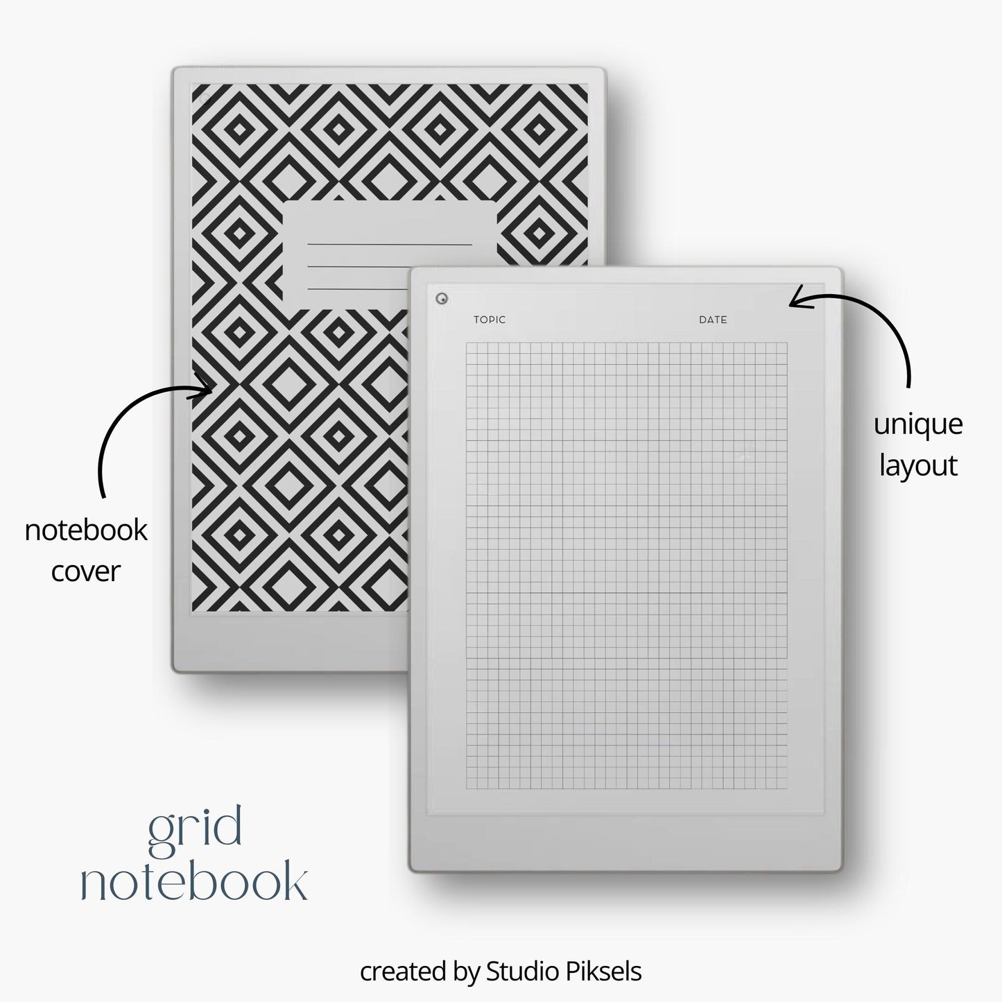 Ultimate notebooks for reMarkable Paper Pro with geometric covers and multiple layouts.