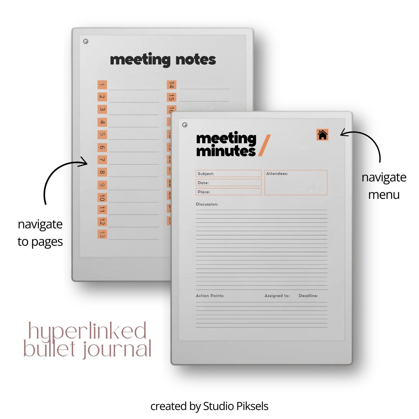 Productivity templates for reMarkable Paper Pro with hyperlinked planner, meeting notes templates, bullet journal, mind maps, and sleep screens.