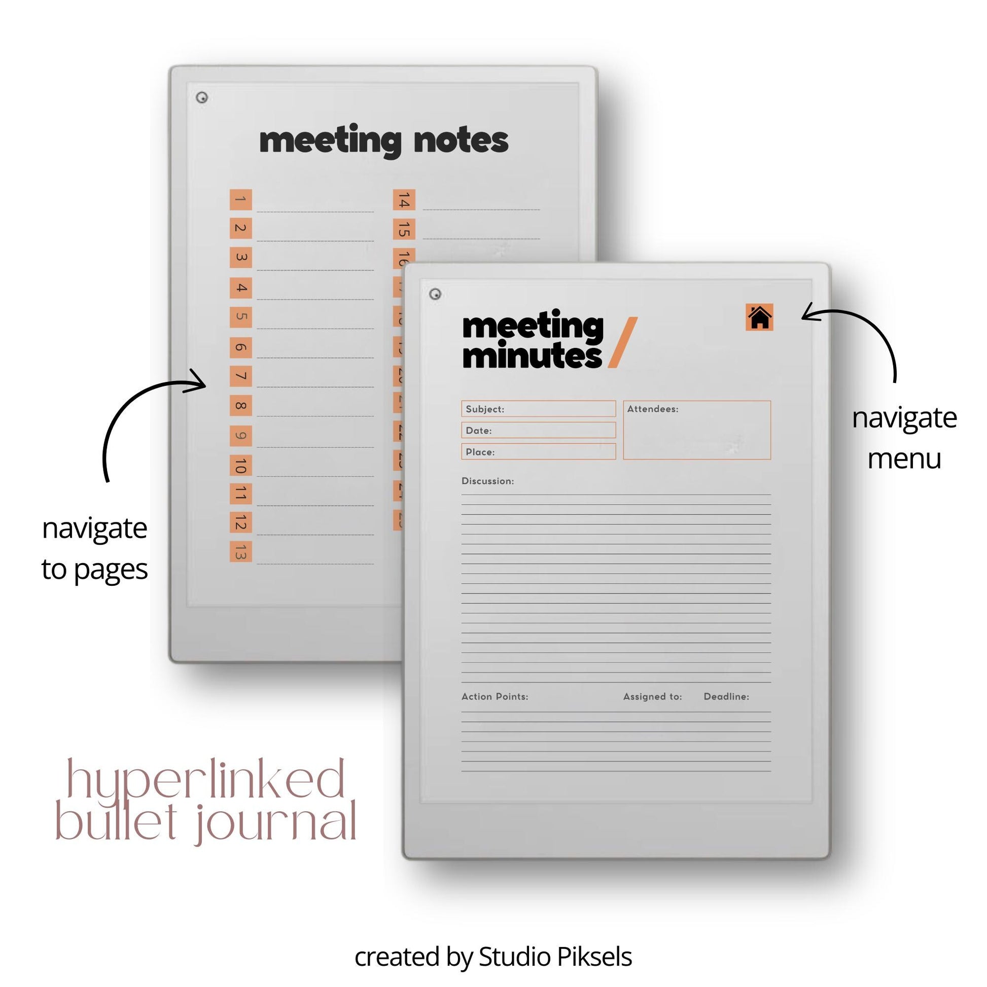 Productivity templates for reMarkable Paper Pro with hyperlinked planner, meeting notes templates, bullet journal, mind maps, and sleep screens.
