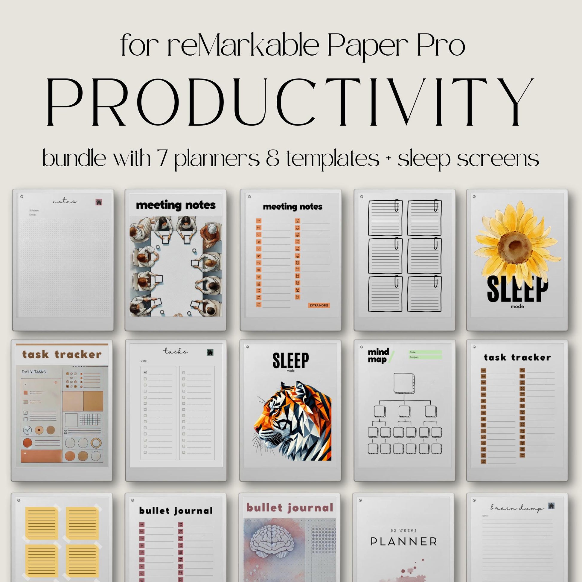 Productivity templates for reMarkable Paper Pro with hyperlinked planner, meeting notes templates, bullet journal, mind maps, and sleep screens.