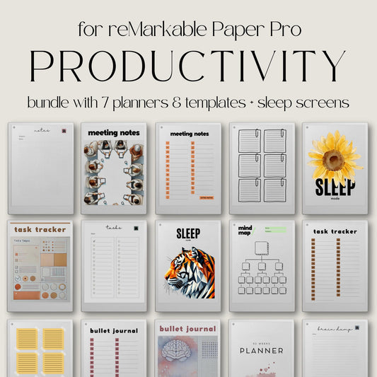 Productivity templates for reMarkable Paper Pro with hyperlinked planner, meeting notes templates, bullet journal, mind maps, and sleep screens.