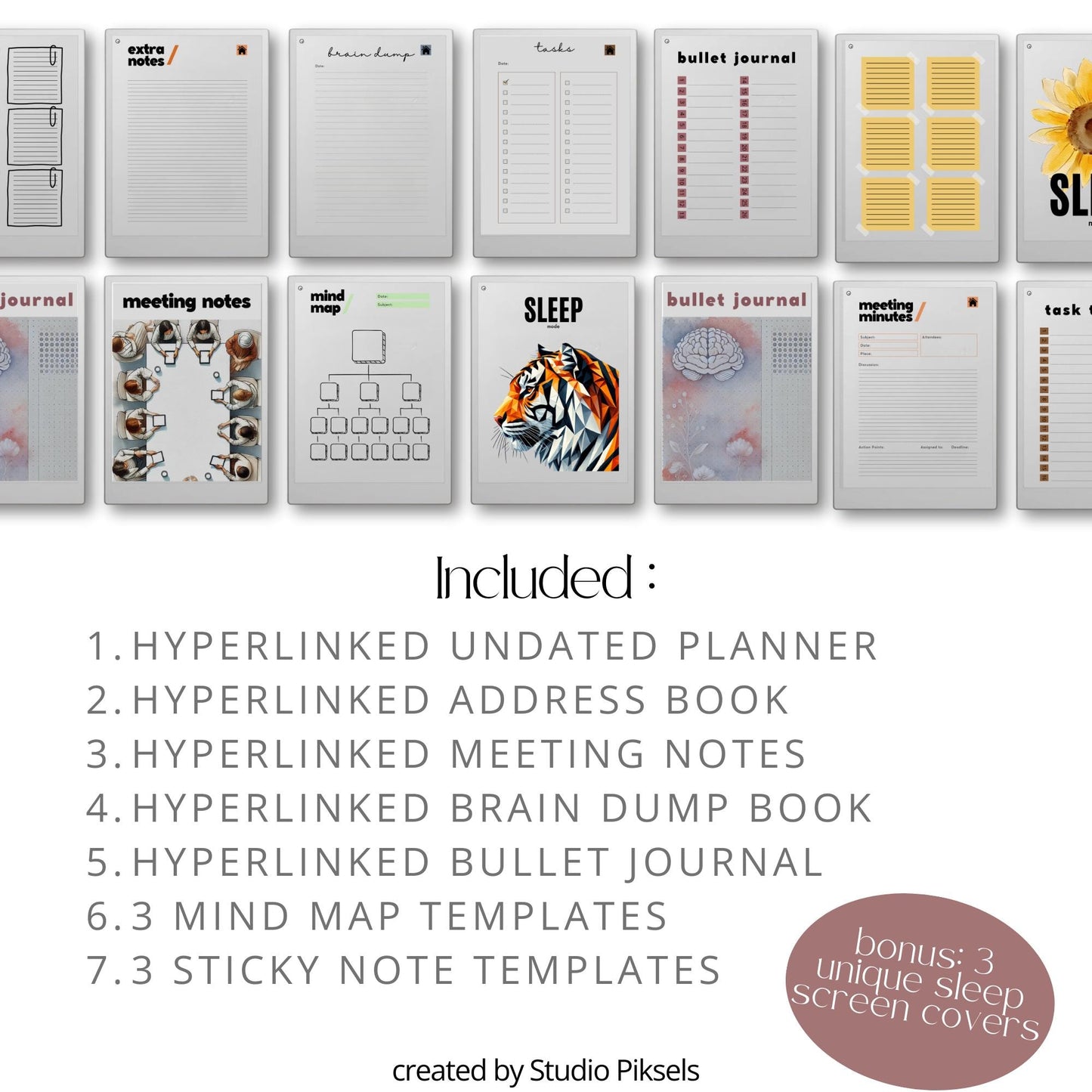 Productivity templates for reMarkable Paper Pro with hyperlinked planner, meeting notes templates, bullet journal, mind maps, and sleep screens.