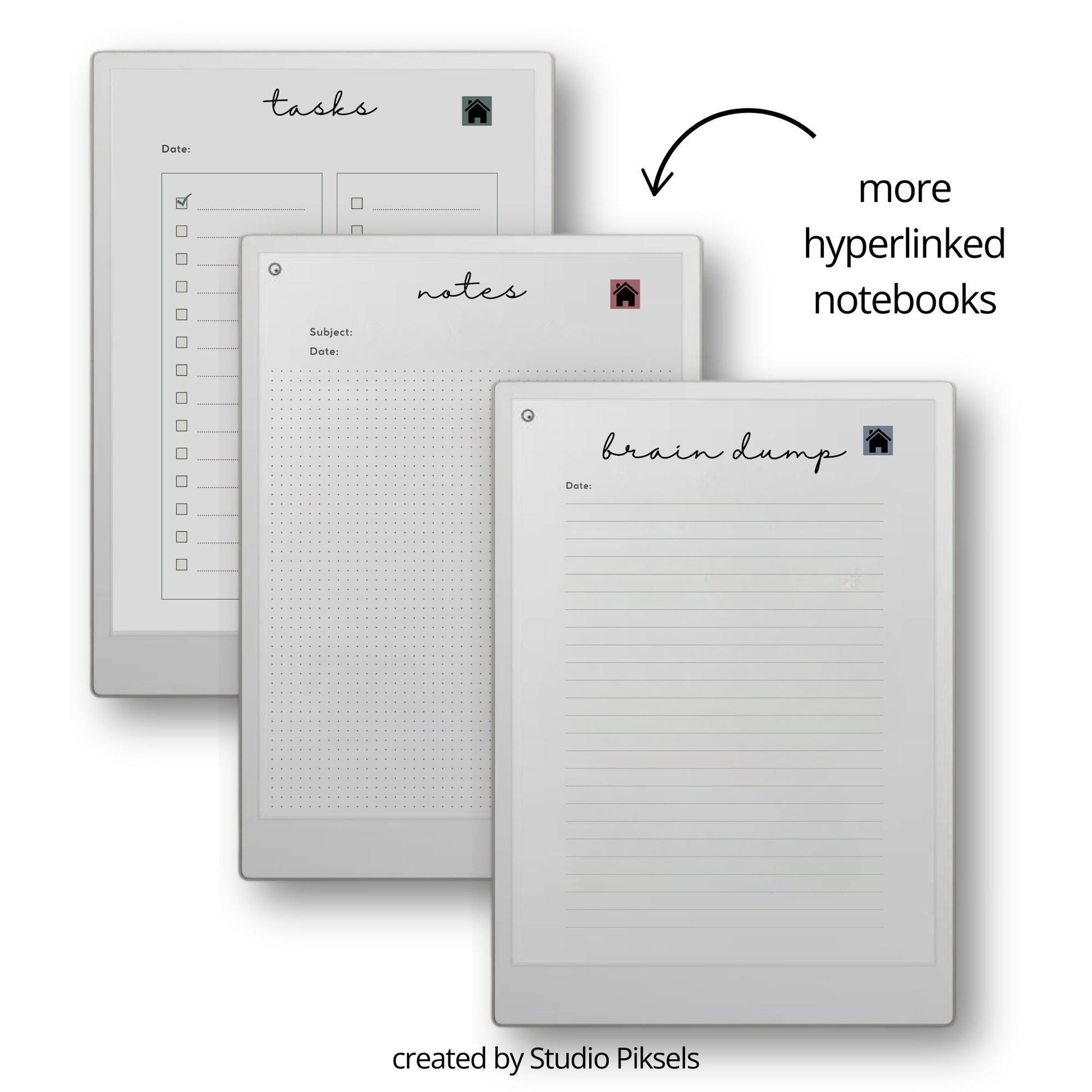 Productivity templates for reMarkable Paper Pro with hyperlinked planner, meeting notes templates, bullet journal, mind maps, and sleep screens.