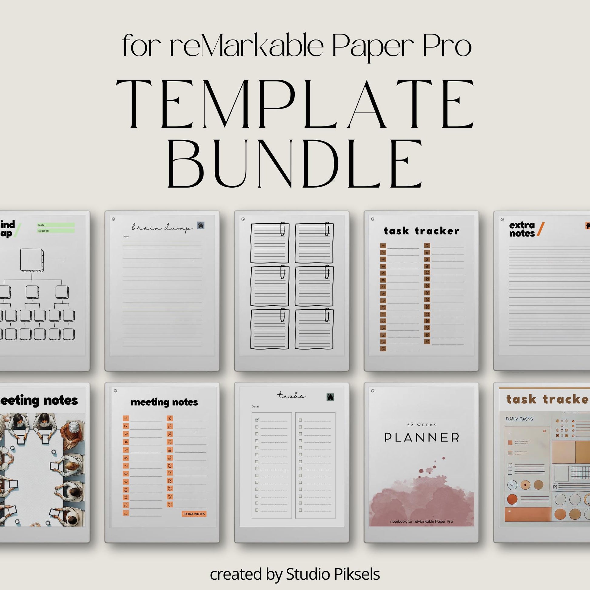 Productivity templates for reMarkable Paper Pro with hyperlinked planner, meeting notes templates, bullet journal, mind maps, and sleep screens.