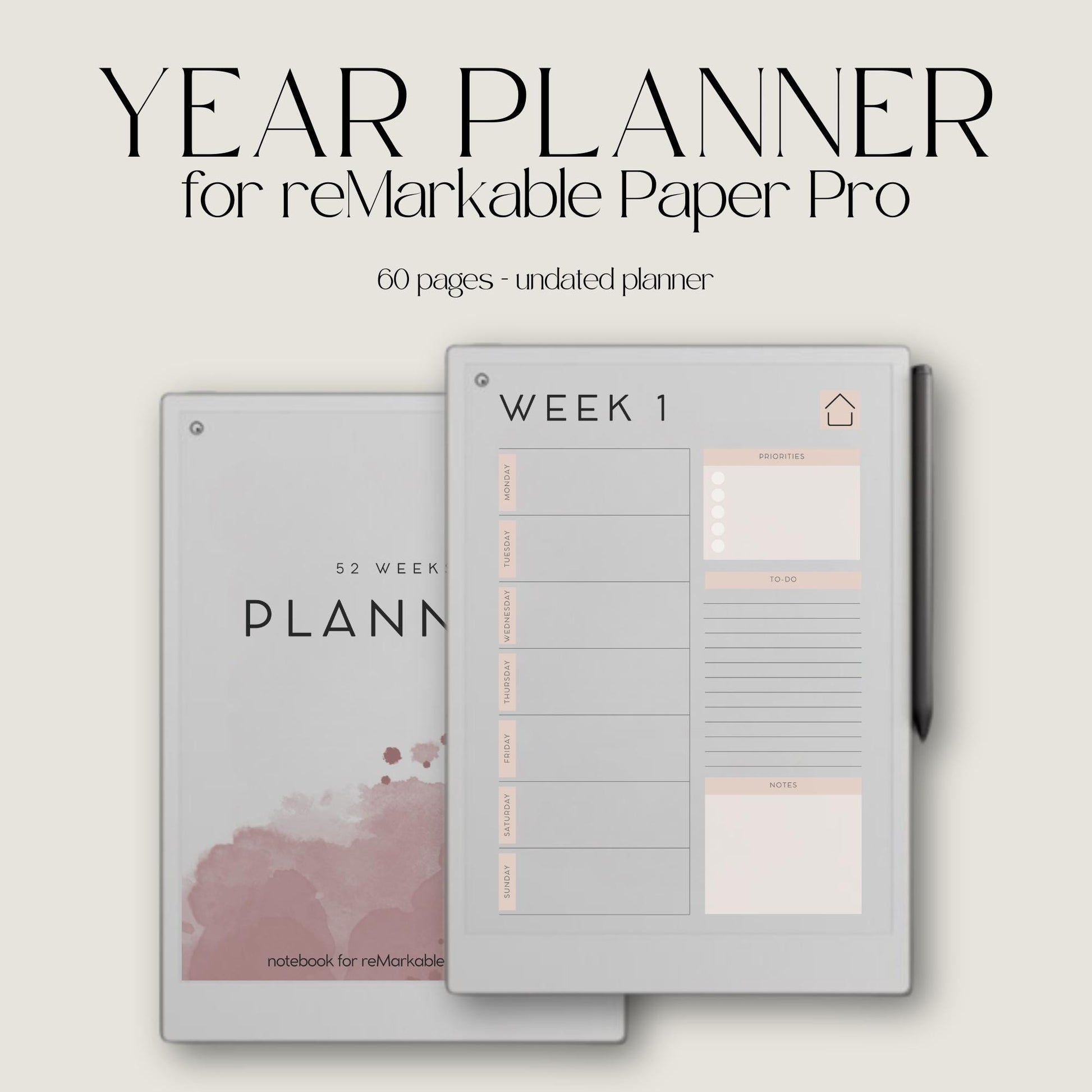 Undated planner for reMarkable Paper Pro flexible digital weekly planner with 60 undated pages for goal setting, task management, and structured planning. Includes hyperlinked navigation, weekly priorities, to-do lists, and notes sections for organized productivity.