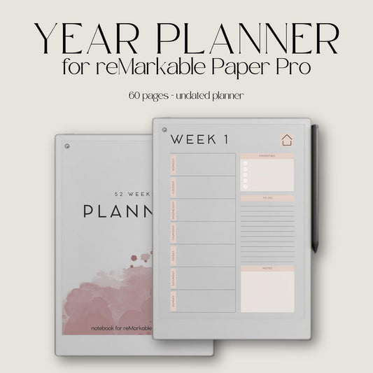 Undated planner for reMarkable Paper Pro flexible digital weekly planner with 60 undated pages for goal setting, task management, and structured planning. Includes hyperlinked navigation, weekly priorities, to-do lists, and notes sections for organized productivity.