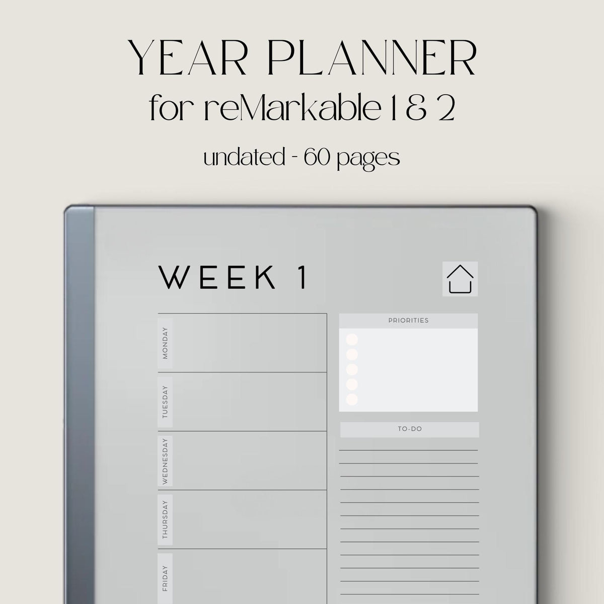 Undated Year Planner for reMarkable 1 and 2 featuring 60 hyperlinked digital PDF pages with weekly planning layouts, clickable navigation, priority sections, to do lists, notes areas, minimalist design, and reusable yearly planning format.