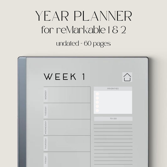 Undated Year Planner for reMarkable 1 and 2 featuring 60 hyperlinked digital PDF pages with weekly planning layouts, clickable navigation, priority sections, to do lists, notes areas, minimalist design, and reusable yearly planning format.