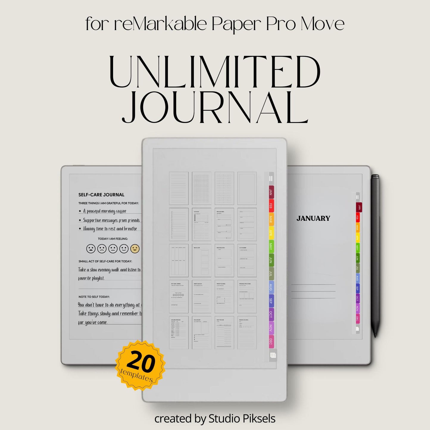Unlimited custom reflection journal for reMarkable Paper Pro Move with hyperlinked templates.