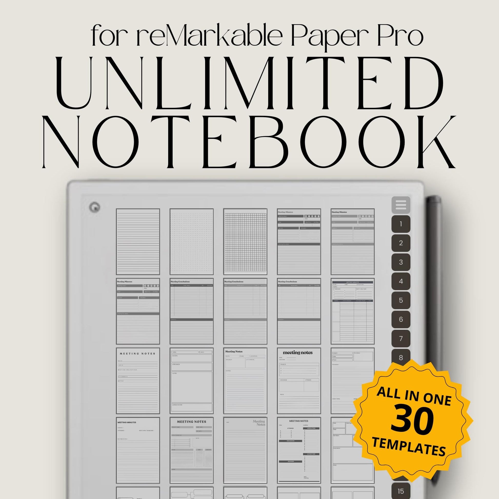 Hyperlinked meeting notebook for reMarkable Paper Pro featuring customizable meeting templates, linked sections, digital stickers, task tracking layouts, and organized business planning pages for structured digital note-taking and productivity management.