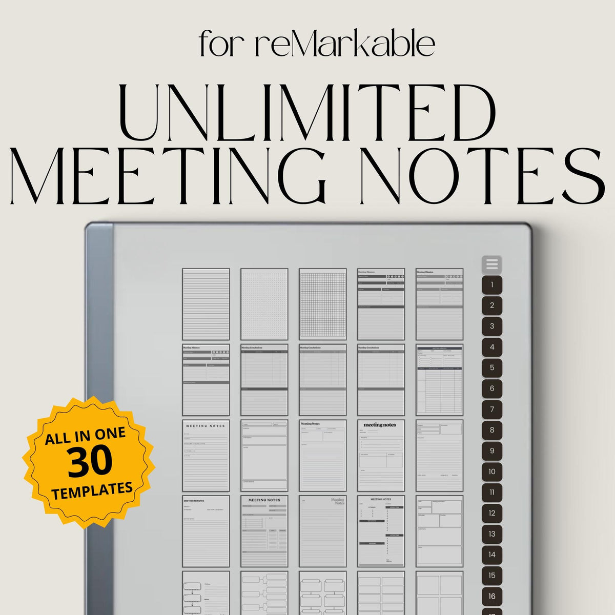 Unlimited Meeting Notes PDF for reMarkable 2 and Paper Pure with clickable templates, grayscale meeting pages, and hyperlinked navigation
