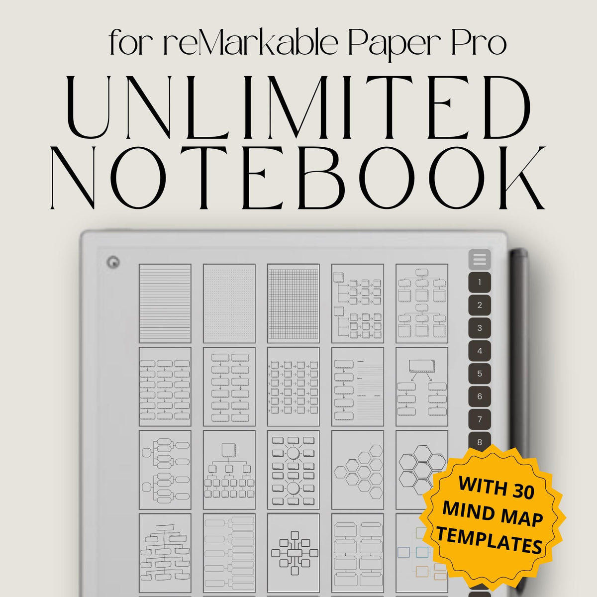 Hyperlinked mind map notebook for reMarkable Paper Pro featuring customizable templates, linked sections, reusable stickers, planners, and brainstorming layouts for digital planning and visual organization.