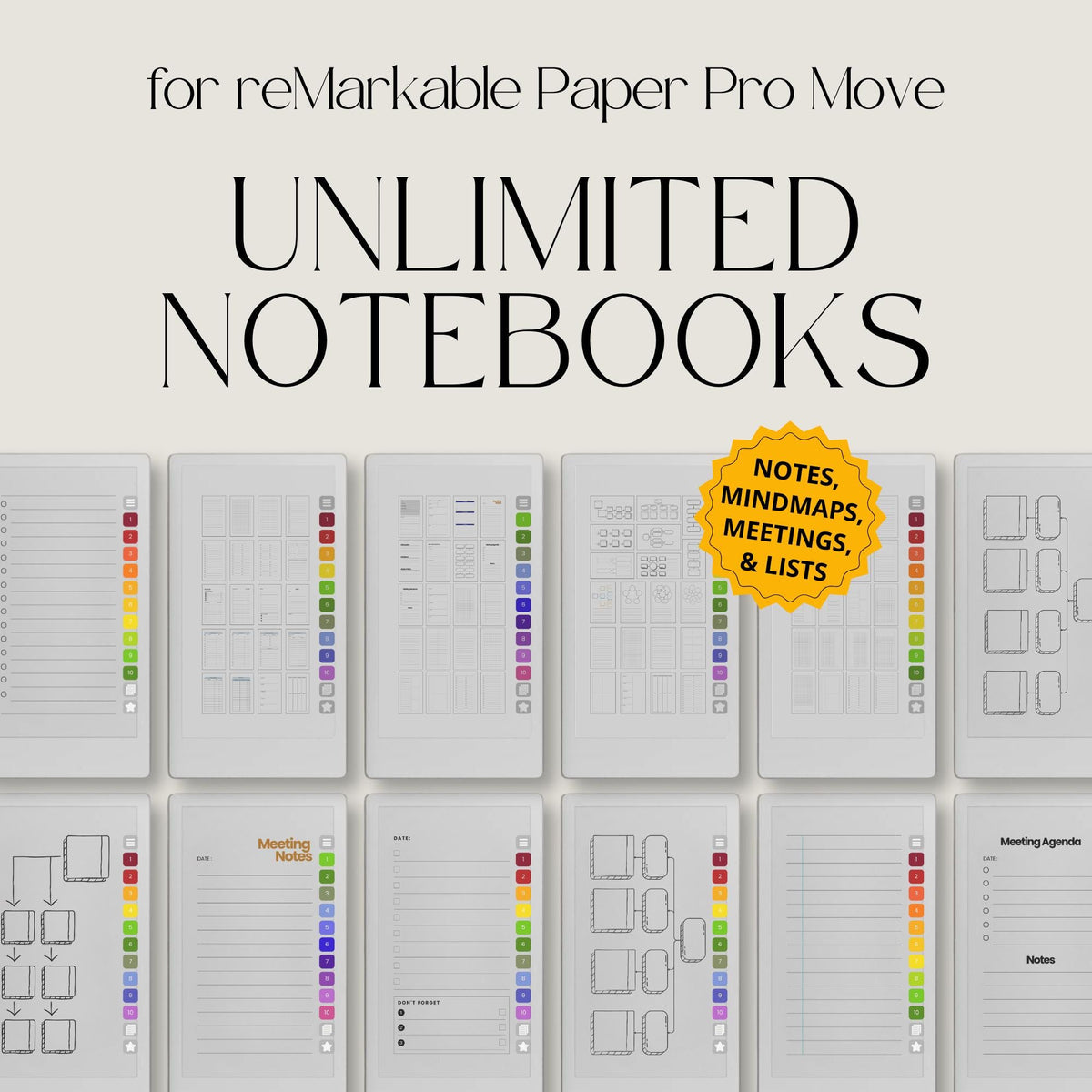Unlimited hyperlinked notebooks bundle for reMarkable Paper Pro Move with reusable templates, digital stickers, and customizable sections