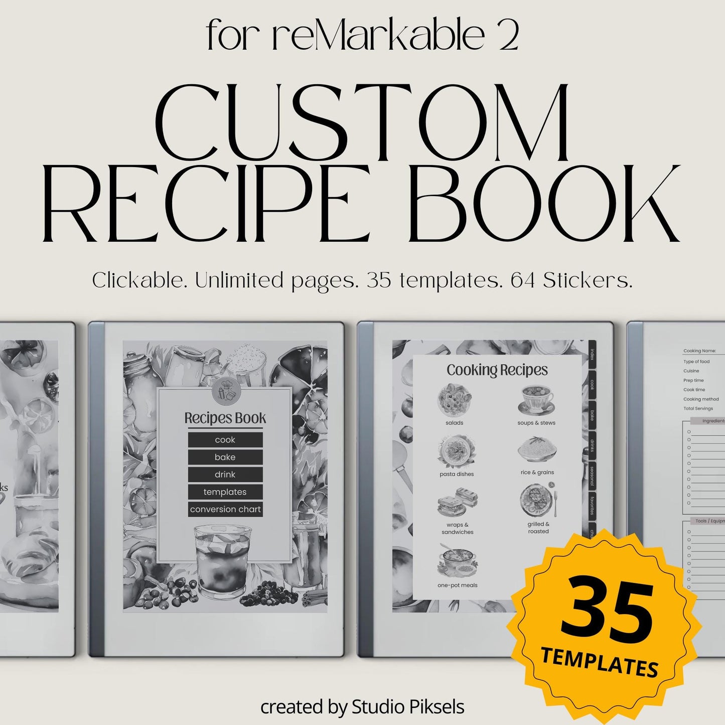 Unlimited Recipe Book PDF for reMarkable 2 and Paper Pure with grayscale recipe templates, clickable indexes, and digital cookbook pages.