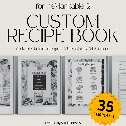 Unlimited Recipe Book PDF for reMarkable 2 and Paper Pure with grayscale recipe templates, clickable indexes, and digital cookbook pages.