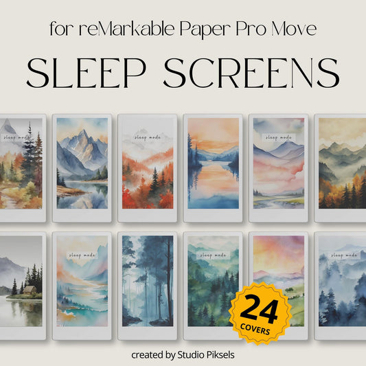Bring calming outdoor scenery to your device with this Nature Sleep Screen Bundle designed for reMarkable Paper Pro Move. This collection includes 24 watercolor landscape sleep screens featuring forests, mountains, lakes, sunsets, and peaceful natural scenery that create a relaxing look during sleep mode.