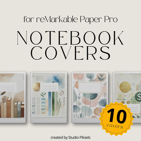 Watercolor notebook cover bundle for the reMarkable Paper Pro featuring 10 elegant botanical and abstract digital covers, planner aesthetics, and file organization layouts.