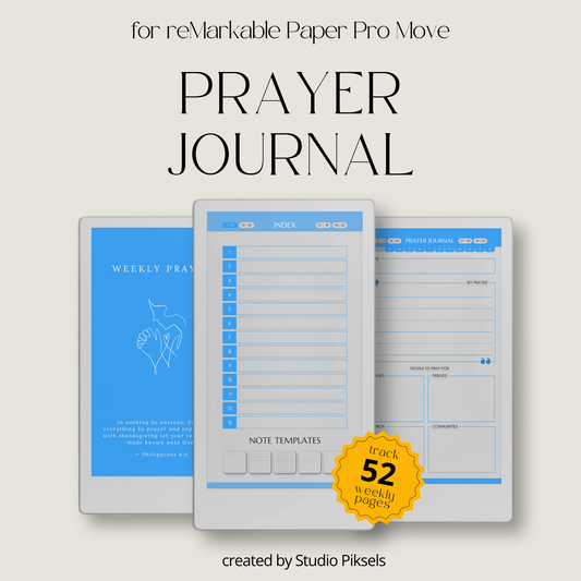Hyperlinked Weekly Prayer Journal for reMarkable Paper Pro Move with 52 weekly prayer pages, prayer lists, Bible study notes, and organized digital journaling.