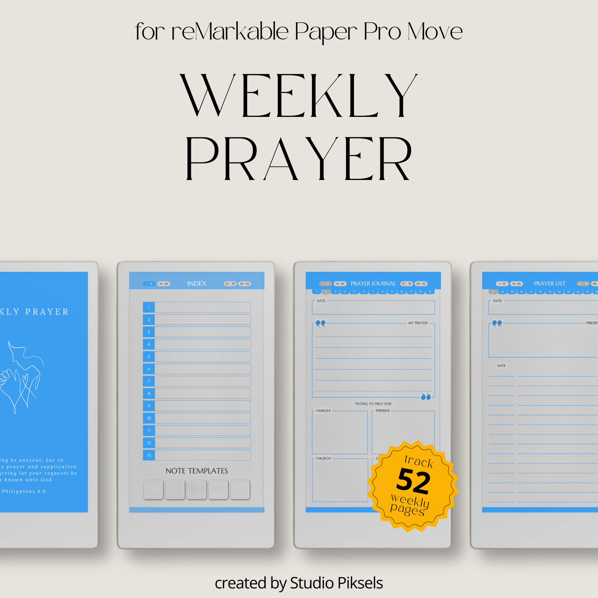 Hyperlinked Weekly Prayer Journal for reMarkable Paper Pro Move with 52 weekly prayer pages, prayer lists, Bible study notes, and organized digital journaling.