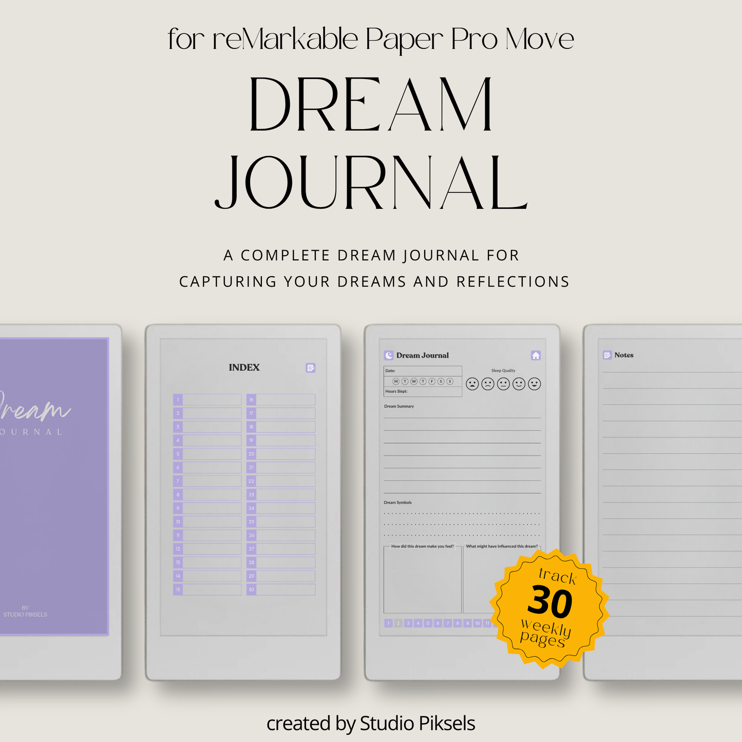 30-Day Dream Journal for reMarkable Paper Pro Move featuring 30 daily dream journal pages, dream reflection, recurring symbol tracking, and a hyperlinked PDF layout.