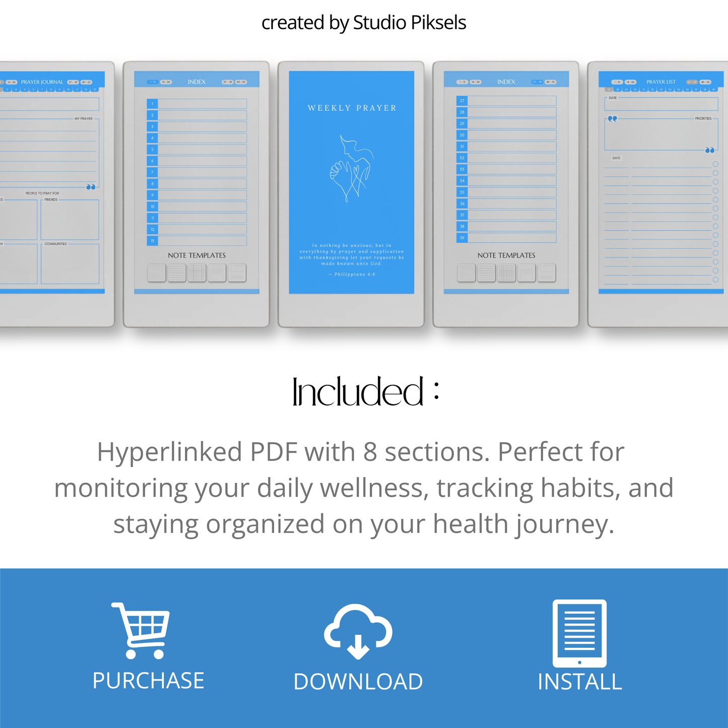 Hyperlinked Weekly Prayer Journal for reMarkable Paper Pro Move with 52 weekly prayer pages, prayer lists, Bible study notes, and organized digital journaling.