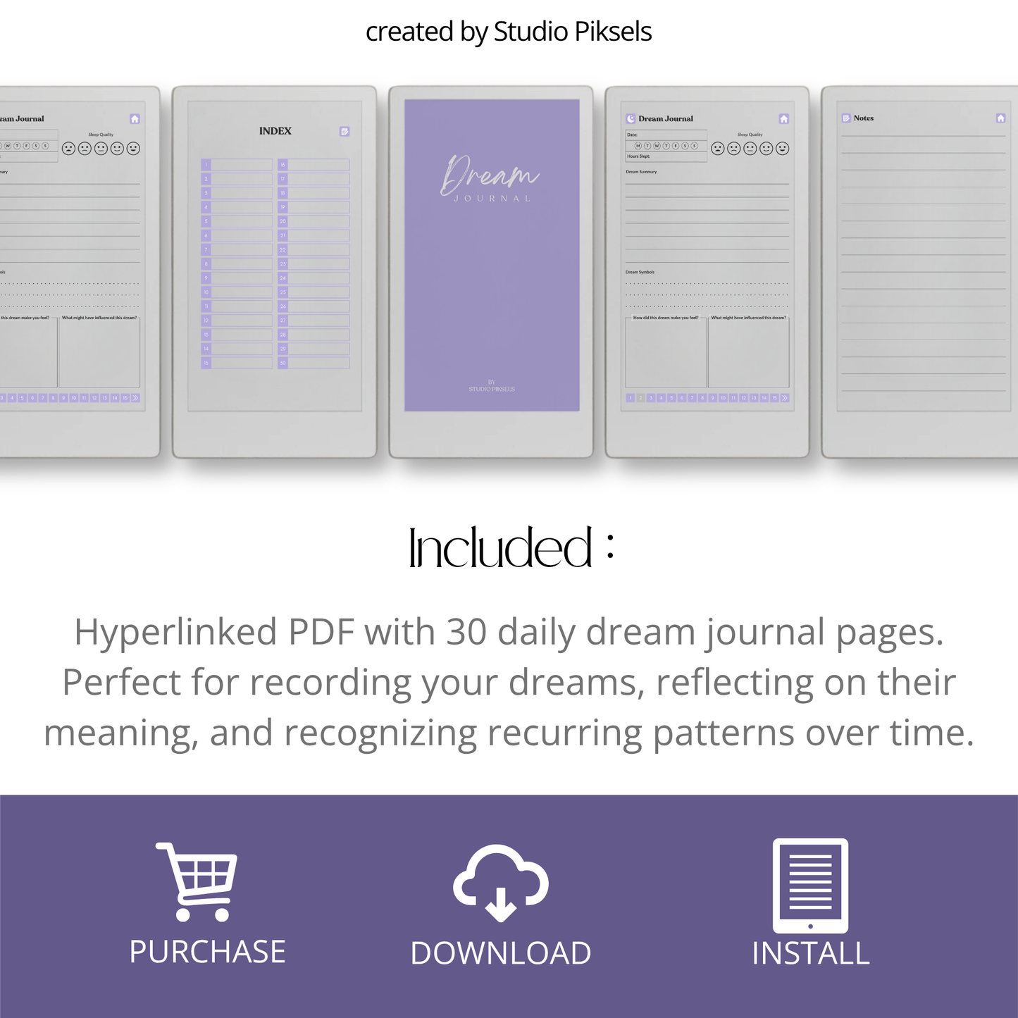 30-Day Dream Journal for reMarkable Paper Pro Move featuring 30 daily dream journal pages, dream reflection, recurring symbol tracking, and a hyperlinked PDF layout.