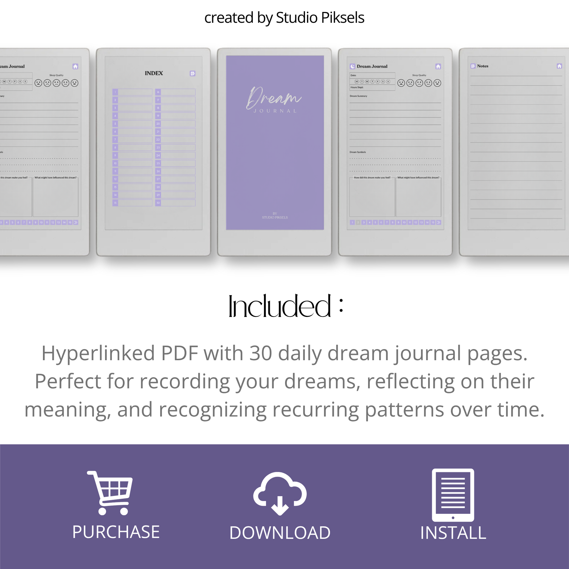 30-Day Dream Journal for reMarkable Paper Pro Move featuring 30 daily dream journal pages, dream reflection, recurring symbol tracking, and a hyperlinked PDF layout.