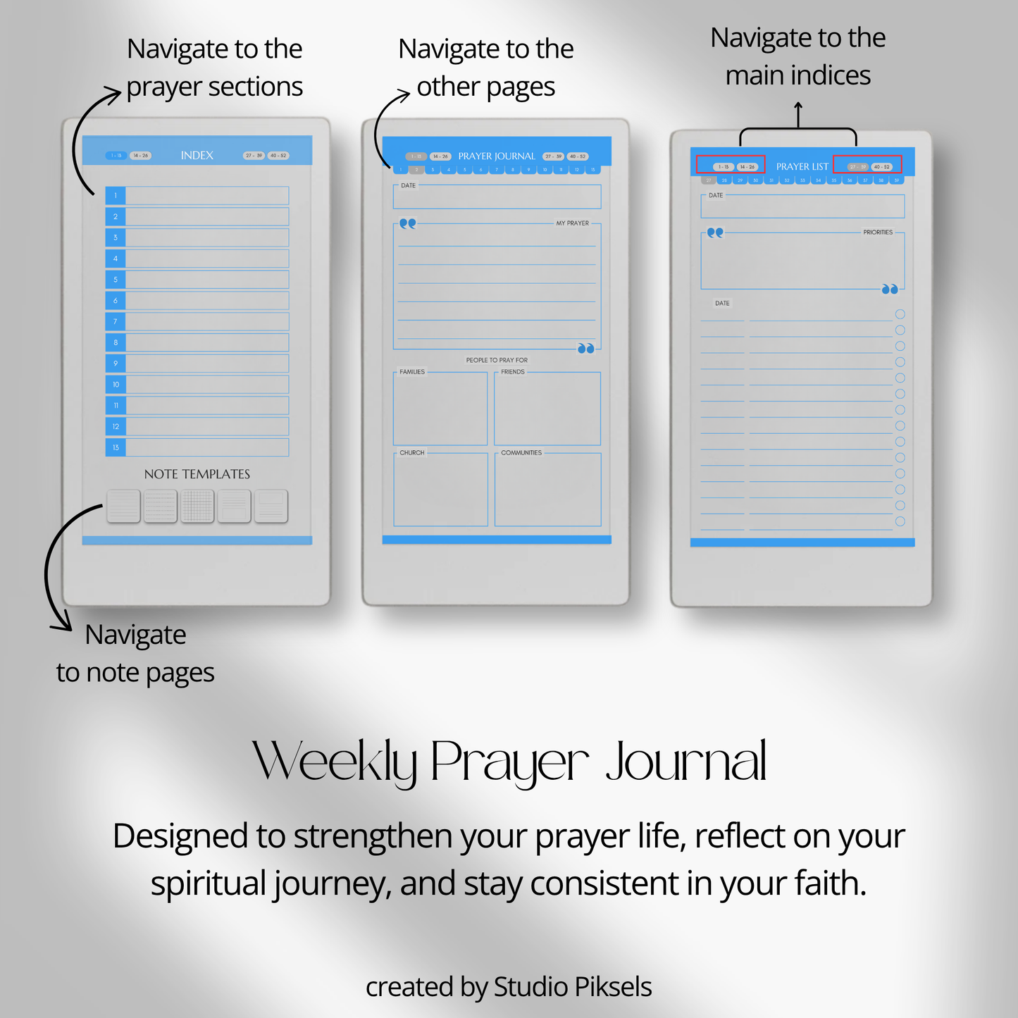 Hyperlinked Weekly Prayer Journal for reMarkable Paper Pro Move with 52 weekly prayer pages, prayer lists, Bible study notes, and organized digital journaling.