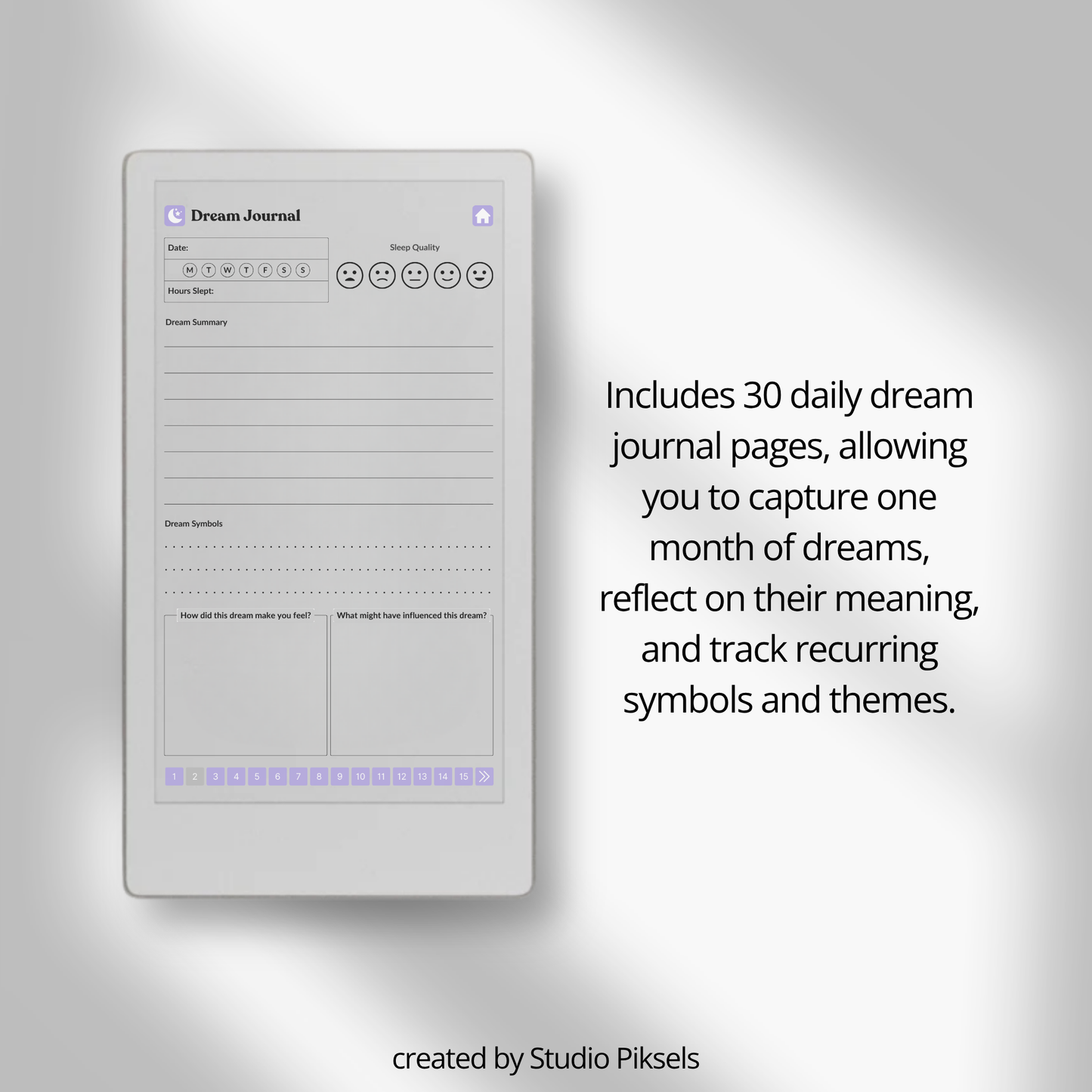 30-Day Dream Journal for reMarkable Paper Pro Move featuring 30 daily dream journal pages, dream reflection, recurring symbol tracking, and a hyperlinked PDF layout.
