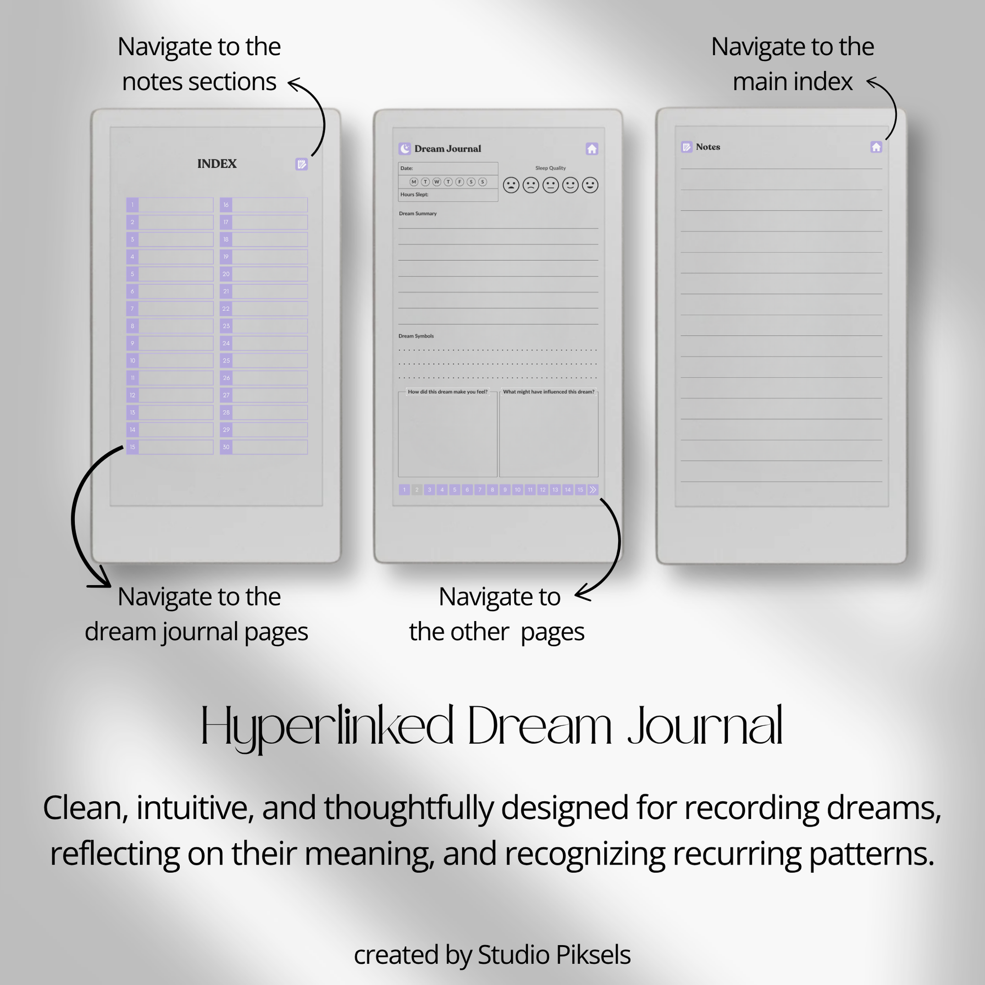 30-Day Dream Journal for reMarkable Paper Pro Move featuring 30 daily dream journal pages, dream reflection, recurring symbol tracking, and a hyperlinked PDF layout.